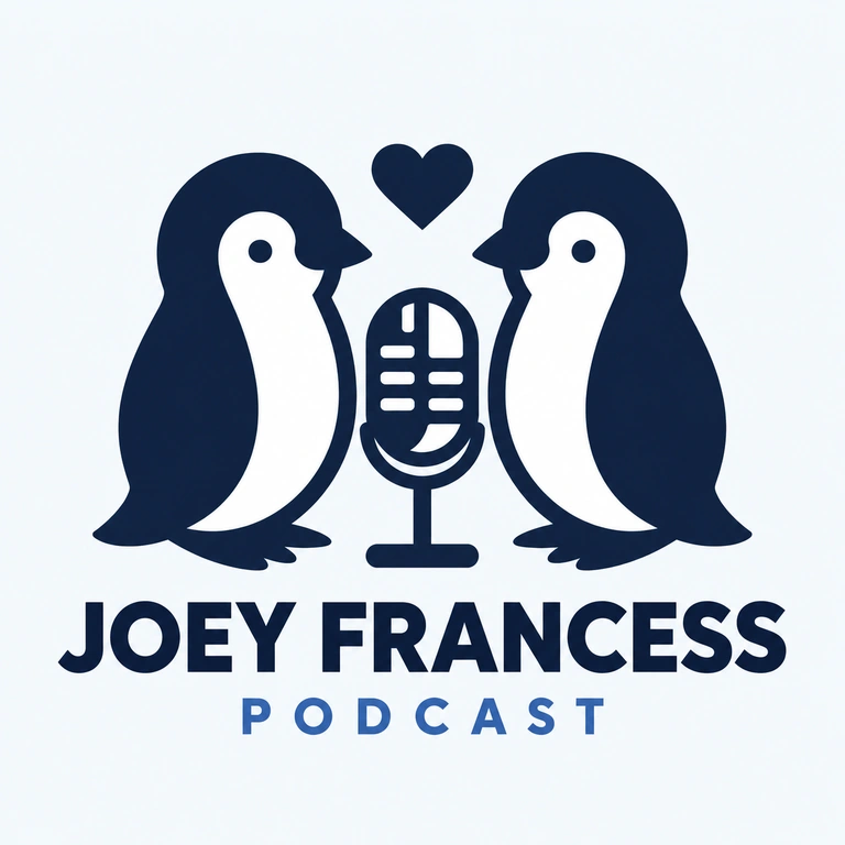 Joey Francess Podcast — two penguins facing a microphone beneath a heart